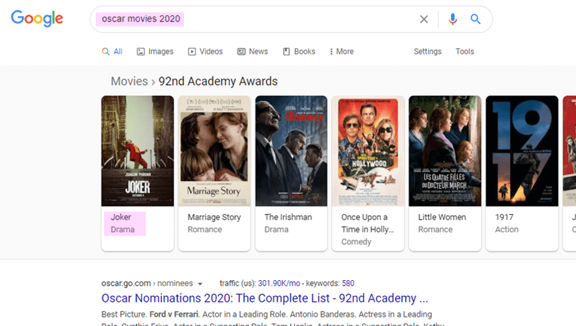 سرچ فیلم های اسکار 2020 با عبارت انگلیسی و نمایش متفاوت آن در گوگل