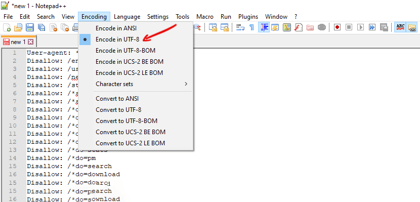 در هنگام نوشتن فایل ربات تنظیمات نوت پد باید روی utf8 باشد